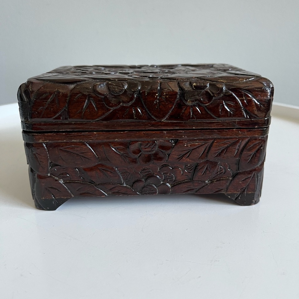 Vintage Asian Hand Carved Wooden Jewelry And Trinket Decorative Collectible Box